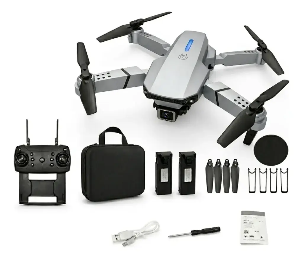 Mini drone E88 Pro com acessórios e comando em destaque no Mercado Livre