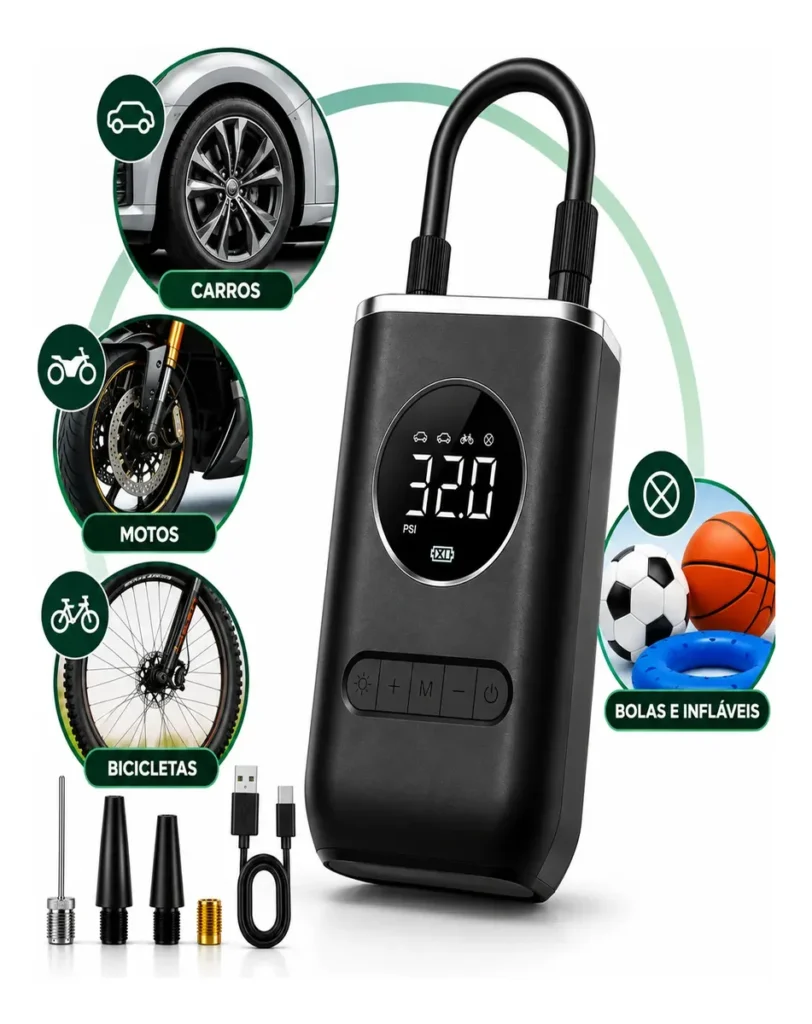 Bomba de ar portátil digital com display para calibrar pneus de carro, moto, bicicleta e encher bolas e infláveis