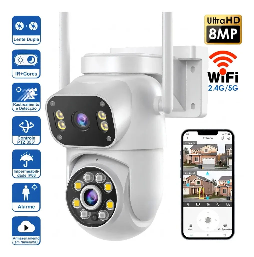 Câmera de segurança externa com conexão Wi-Fi visualização por celular e proteção contra chuva