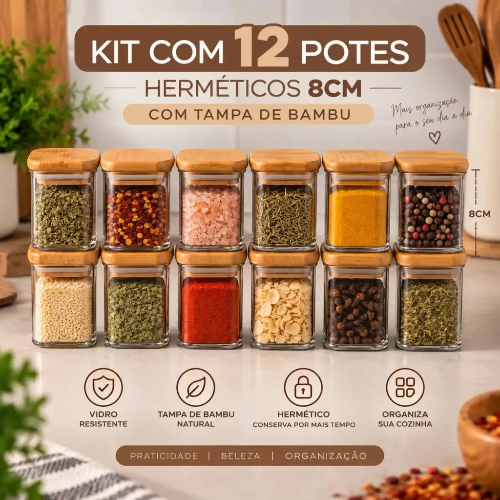 Kit com 12 potes de vidro herméticos com tampa de bambu para temperos