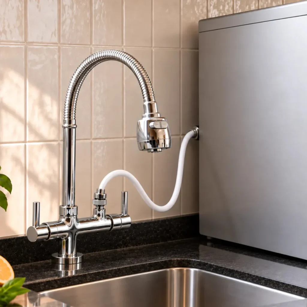 Torneira gourmet flexível com filtro para cozinha, modelo cromado com bico extensível.